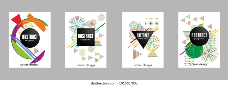 Covers templates set with bauhaus, memphis and hipster style graphic geometric elements. Applicable for placards, brochures, posters, covers and banners.