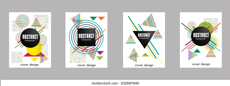 Covers templates set with bauhaus, memphis and hipster style graphic geometric elements. Applicable for placards, brochures, posters, covers and banners.