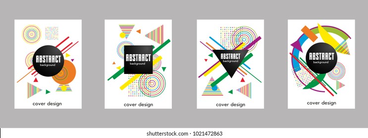 Covers templates set with bauhaus, memphis and hipster style graphic geometric elements. Applicable for placards, brochures, posters, covers and banners.