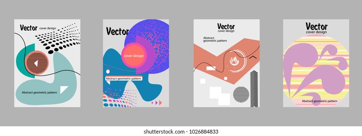 Covers templates set with bauhaus, memphis and hipster style graphic geometric elements. Applicable for placards, brochures, posters, covers and banners.