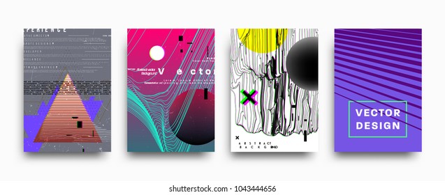 Covers templates set with bauhaus, memphis and hipster style graphic geometric and glitch elements. Applicable for placards, brochures, posters, covers and banners. Vector illustrations.