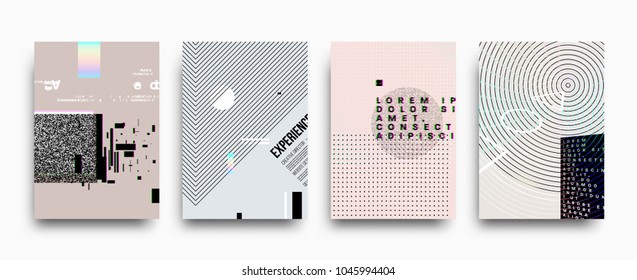 Covers templates set with bauhaus, memphis and hipster style graphic geometric and glitch elements. Applicable for placards, brochures, posters, covers and banners. Vector illustrations. svg