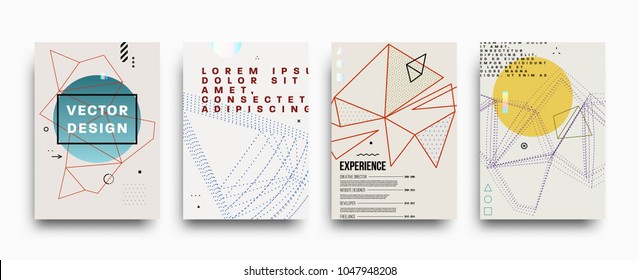 Covers templates set with bauhaus, memphis and hipster style graphic geometric and glitch elements. Applicable for placards, brochures, posters, covers and banners. Vector illustrations.