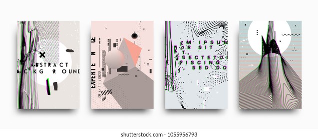 Covers templates set with bauhaus, memphis and hipster style graphic geometric and glitch elements. Applicable for placards, brochures, posters, covers and banners. Vector illustrations.