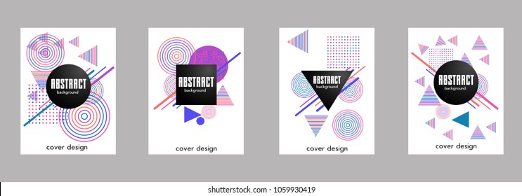 Covers templates set with bauhaus, memphis and hipster style graphic geometric elements. Applicable for placards, brochures, posters, covers and banners.