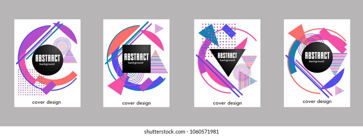 Covers templates set with bauhaus, memphis and hipster style graphic geometric elements. Applicable for placards, brochures, posters, covers and banners.