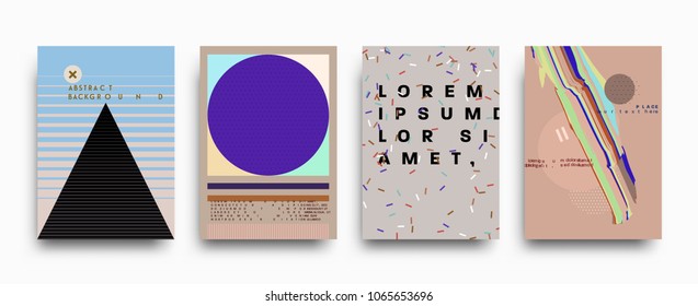 Covers templates set with bauhaus, memphis and hipster style graphic geometric and glitch elements. Applicable for placards, brochures, posters, covers and banners. Vector illustrations.