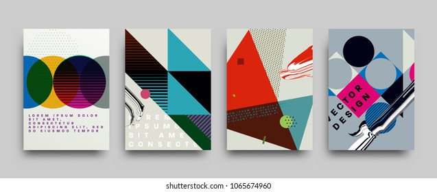 Covers templates set with bauhaus, memphis and hipster style graphic geometric and glitch elements. Applicable for placards, brochures, posters, covers and banners. Vector illustrations.