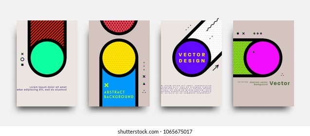 Covers templates set with bauhaus, memphis and hipster style graphic geometric and glitch elements. Applicable for placards, brochures, posters, covers and banners. Vector illustrations.
