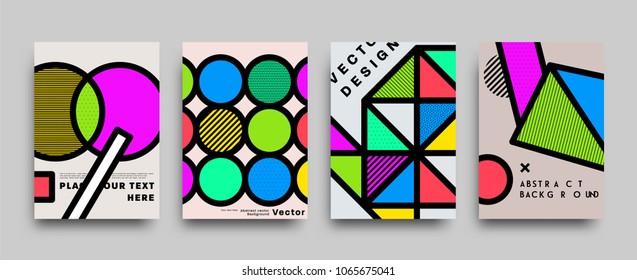 Covers templates set with bauhaus, memphis and hipster style graphic geometric and glitch elements. Applicable for placards, brochures, posters, covers and banners. Vector illustrations.