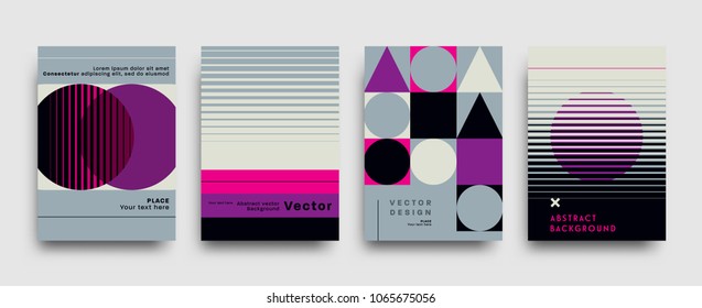 Covers templates set with bauhaus, memphis and hipster style graphic geometric and glitch elements. Applicable for placards, brochures, posters, covers and banners. Vector illustrations.