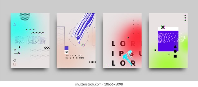 Covers templates set with bauhaus, memphis and hipster style graphic geometric and glitch elements. Applicable for placards, brochures, posters, covers and banners. Vector illustrations.