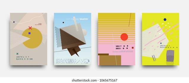 Covers templates set with bauhaus, memphis and hipster style graphic geometric and glitch elements. Applicable for placards, brochures, posters, covers and banners. Vector illustrations.