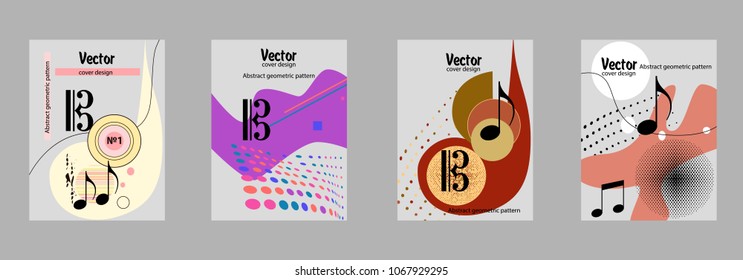 Covers templates set with bauhaus, memphis and hipster style graphic geometric elements and music notes. Applicable for placards, brochures, posters, covers and banners.