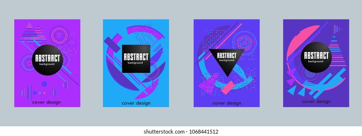 Covers templates set with bauhaus, memphis and hipster style graphic geometric elements. Applicable for placards, brochures, posters, covers and banners.