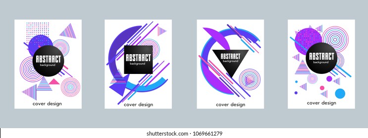 Covers templates set with bauhaus, memphis and hipster style graphic geometric elements. Applicable for placards, brochures, posters, covers and banners.