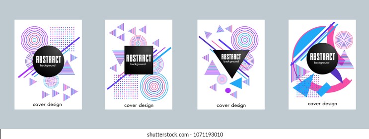 Covers templates set with bauhaus, memphis and hipster style graphic geometric elements. Applicable for placards, brochures, posters, covers and banners.