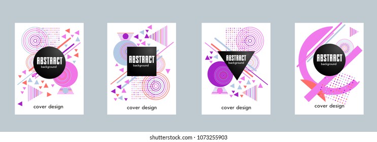 Covers templates set with bauhaus, memphis and hipster style graphic geometric elements. Applicable for placards, brochures, posters, covers and banners.