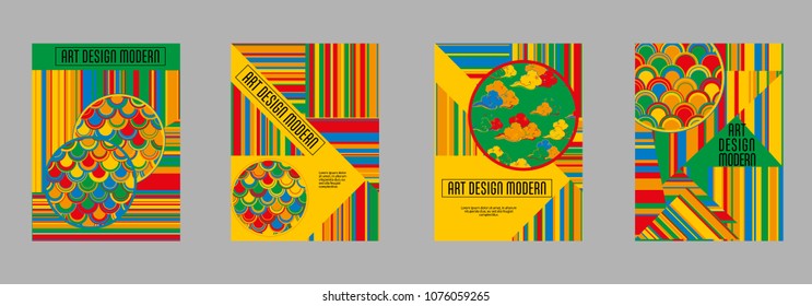 Covers templates set with bauhaus, memphis and hipster style graphic geometric elements. Applicable for placards, brochures, posters, covers and banners.
