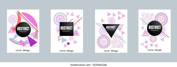 Covers templates set with bauhaus, memphis and hipster style graphic geometric elements. Applicable for placards, brochures, posters, covers and banners.