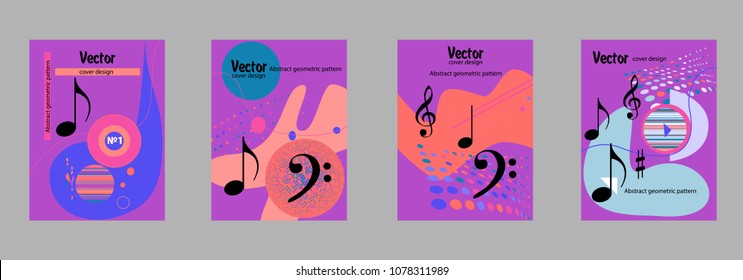Covers templates set with bauhaus, memphis and hipster style graphic geometric elements and music notes. Applicable for placards, brochures, posters, covers and banners.
