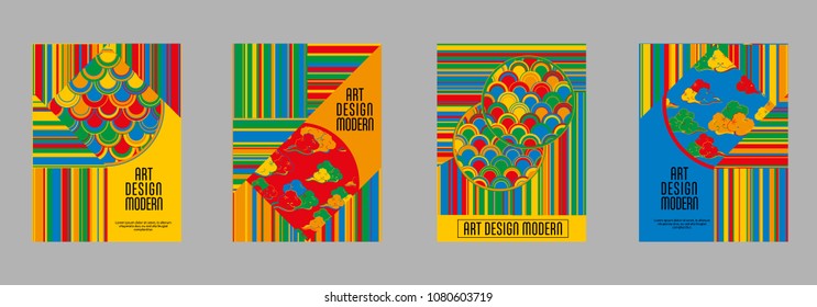 Covers templates set with bauhaus, memphis and hipster style graphic geometric elements. Applicable for placards, brochures, posters, covers and banners.