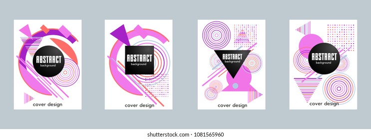 Covers templates set with bauhaus, memphis and hipster style graphic geometric elements. Applicable for placards, brochures, posters, covers and banners.