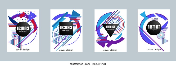 Covers templates set with bauhaus, memphis and hipster style graphic geometric elements. Applicable for placards, brochures, posters, covers and banners.