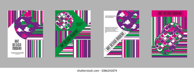 Covers templates set with bauhaus, memphis and hipster style graphic geometric elements. Applicable for placards, brochures, posters, covers and banners.