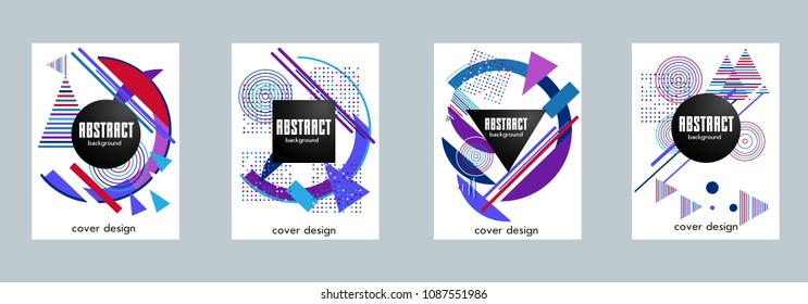 Covers templates set with bauhaus, memphis and hipster style graphic geometric elements. Applicable for placards, brochures, posters, covers and banners.