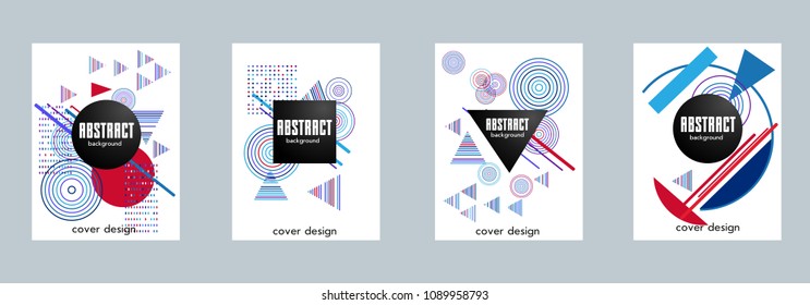 Covers templates set with bauhaus, memphis and hipster style graphic geometric elements and music notes. Applicable for placards, brochures, posters, covers and banners.