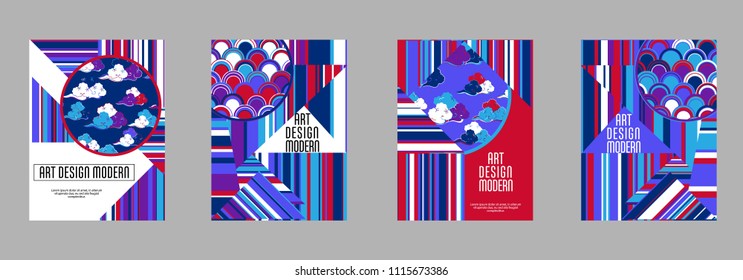 Covers templates set with bauhaus, memphis and hipster style graphic geometric elements. Applicable for placards, brochures, posters, covers and banners.