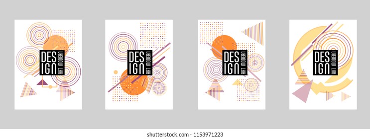 Covers templates set with bauhaus, memphis and hipster style graphic geometric elements. Applicable for placards, brochures, posters, covers and banners.