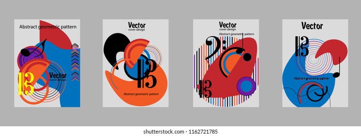 Covers templates set with bauhaus, memphis and hipster style graphic geometric elements. Applicable for placards, brochures, posters, covers and banners.