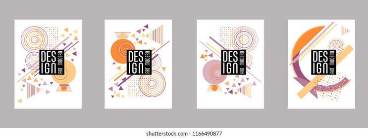 Covers templates set with bauhaus, memphis and hipster style graphic geometric elements. Applicable for placards, brochures, posters, covers and banners.