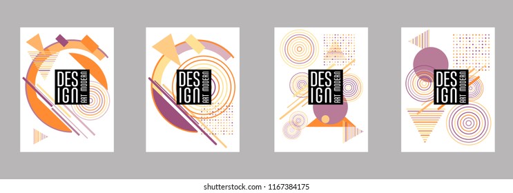 Covers templates set with bauhaus, memphis and hipster style graphic geometric elements. Applicable for placards, brochures, posters, covers and banners.