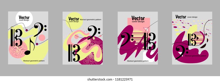 Covers templates set with bauhaus, memphis and hipster style graphic geometric elements. Applicable for placards, brochures, posters, covers and banners.