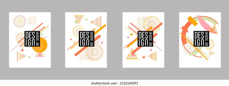 Covers templates set with bauhaus, memphis and hipster style graphic geometric elements. Applicable for placards, brochures, posters, covers and banners.