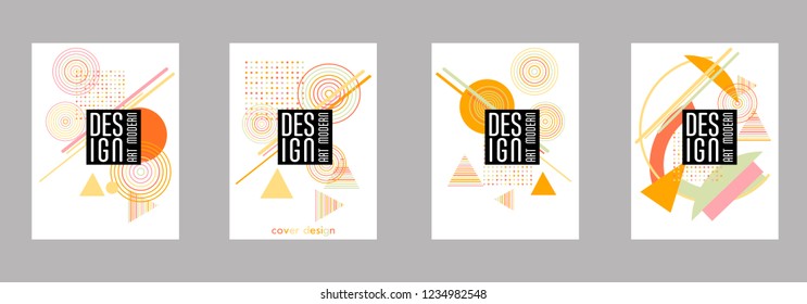 Covers templates set with bauhaus, memphis and hipster style graphic geometric elements. Applicable for placards, brochures, posters, covers and banners.