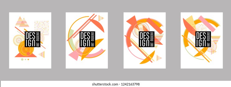 Covers templates set with bauhaus, memphis and hipster style graphic geometric elements. Applicable for placards, brochures, posters, covers and banners.