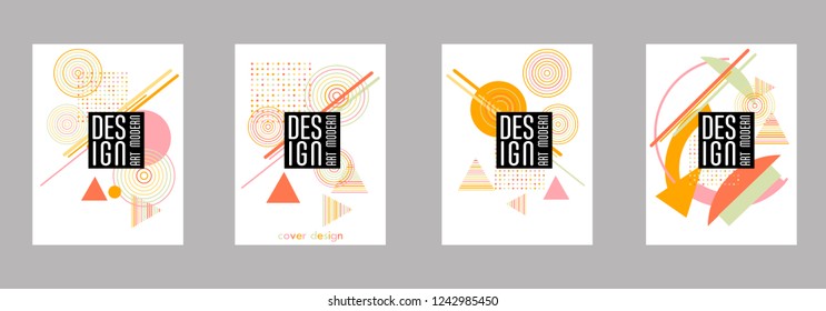 Covers templates set with bauhaus, memphis and hipster style graphic geometric elements. Applicable for placards, brochures, posters, covers and banners.