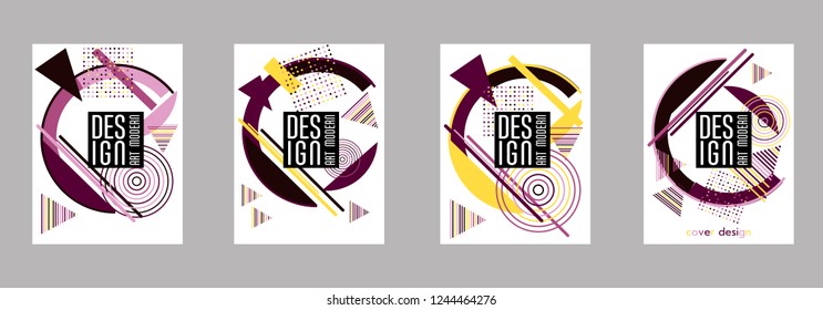 Covers templates set with bauhaus, memphis and hipster style graphic geometric elements. Applicable for placards, brochures, posters, covers and banners.
