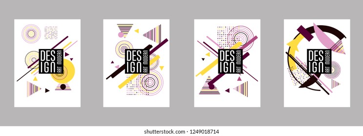 Covers templates set with bauhaus, memphis and hipster style graphic geometric elements. Applicable for placards, brochures, posters, covers and banners.