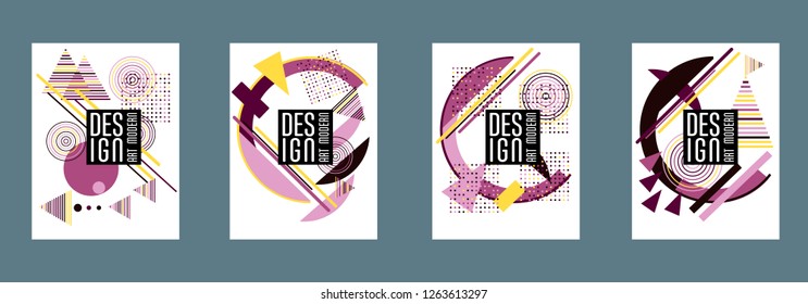 Covers templates set with bauhaus, memphis and hipster style graphic geometric elements. Applicable for placards, brochures, posters, covers and banners.