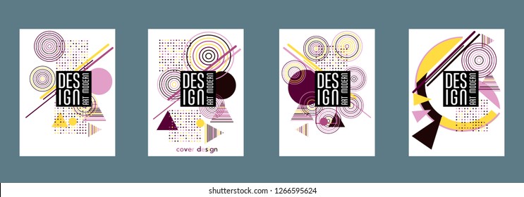 Covers templates set with bauhaus, memphis and hipster style graphic geometric elements. Applicable for placards, brochures, posters, covers and banners.