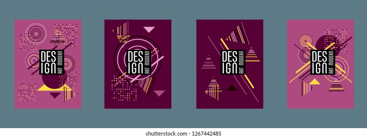 Covers templates set with bauhaus, memphis and hipster style graphic geometric elements. Applicable for placards, brochures, posters, covers and banners.