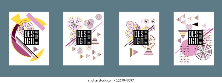 Covers templates set with bauhaus, memphis and hipster style graphic geometric elements. Applicable for placards, brochures, posters, covers and banners.