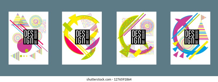 Covers templates set with bauhaus, memphis and hipster style graphic geometric elements. Applicable for placards, brochures, posters, covers and banners.
