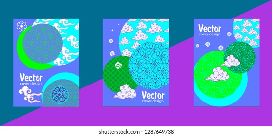 Covers templates set with bauhaus, memphis and hipster style graphic geometric elements. Applicable for placards, brochures, posters, covers and banners.