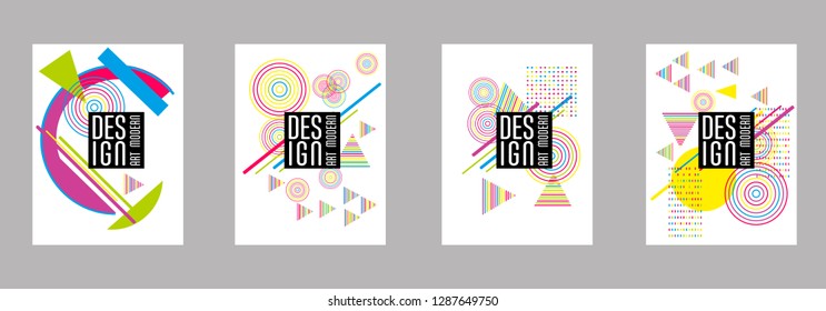 Covers templates set with bauhaus, memphis and hipster style graphic geometric elements. Applicable for placards, brochures, posters, covers and banners.